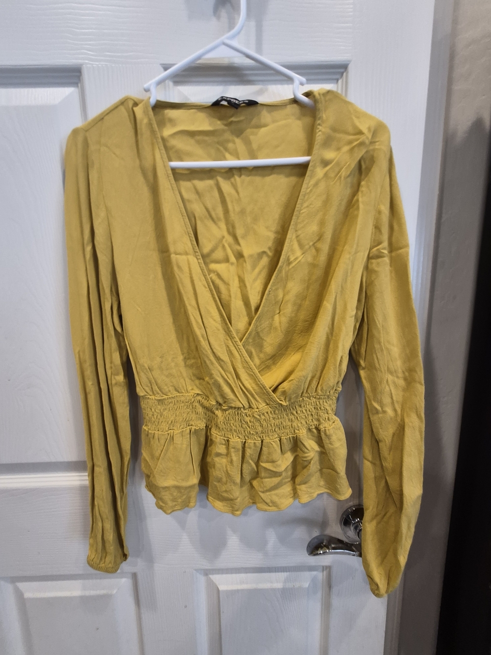 Women’s Mustard Long Sleeve Wrap Top with Smocked Waist